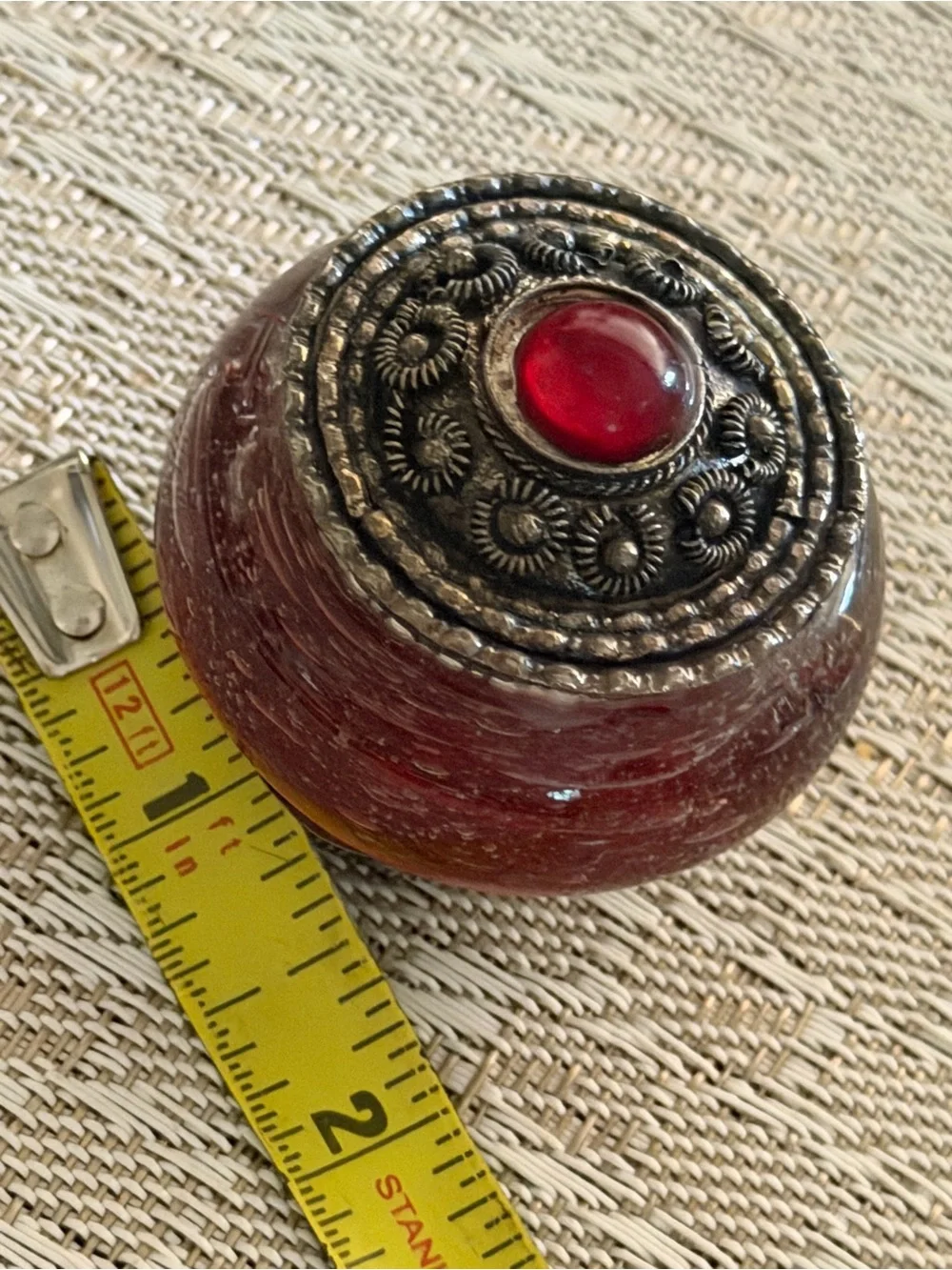 Antique  snuff or pill box snuff jar Red glass silver ornate metal